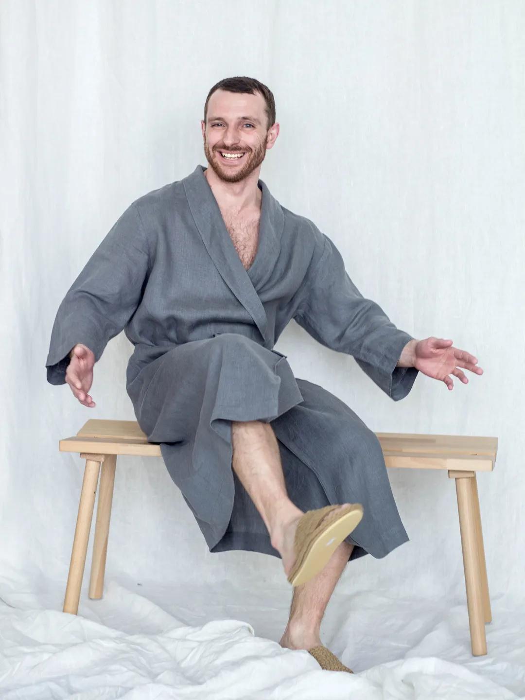 Gray Linen robe for men - Linen Bathrobe - Dressing gown