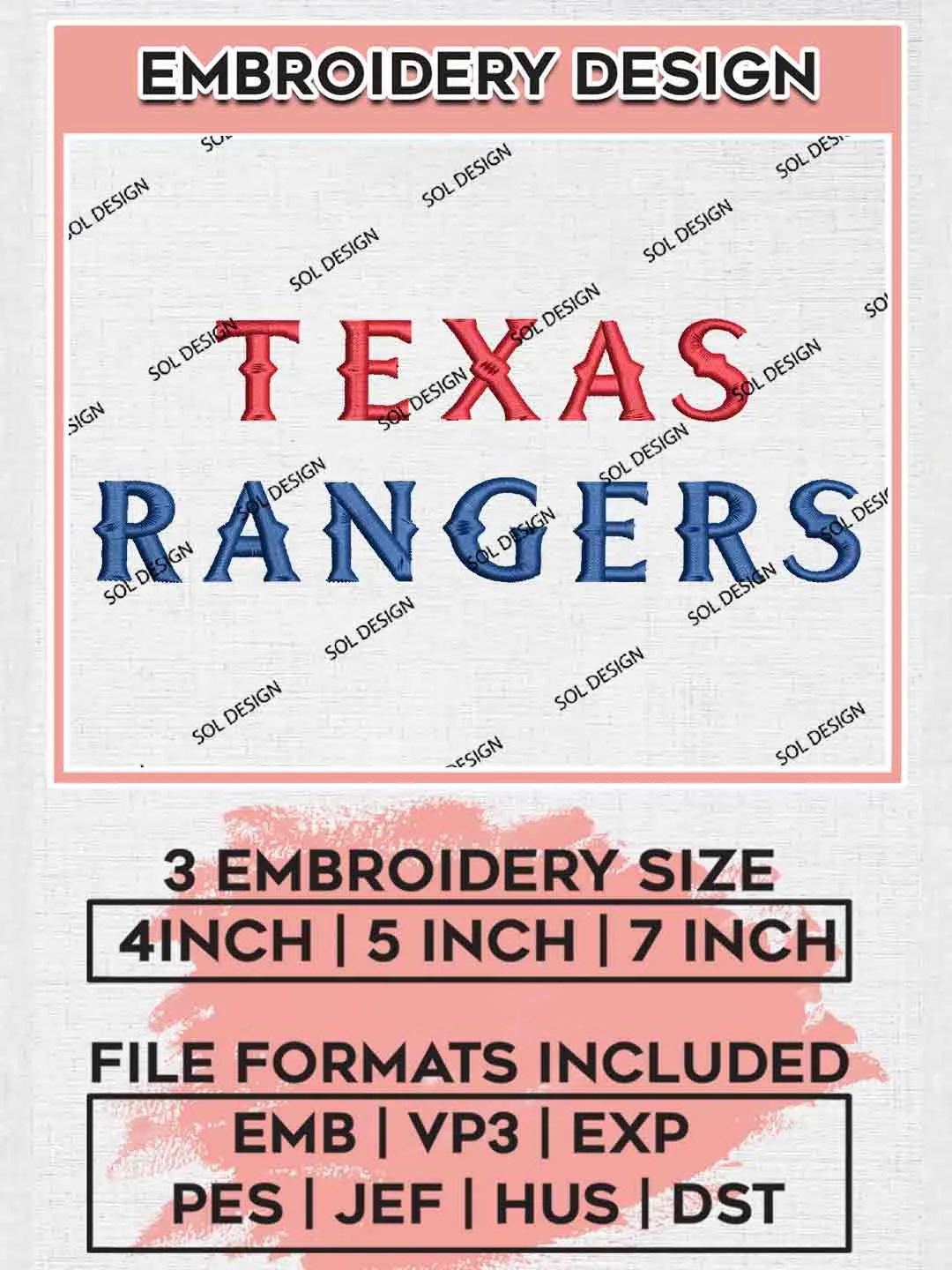 MLB Texas Rangers Writing Logo Embroidery Files, MLB Texas Rangers Team Embroidery, MLB Teams, 3 sizes, MLB Texas Rangers Baseball Machine embroidery designs, Digital Download