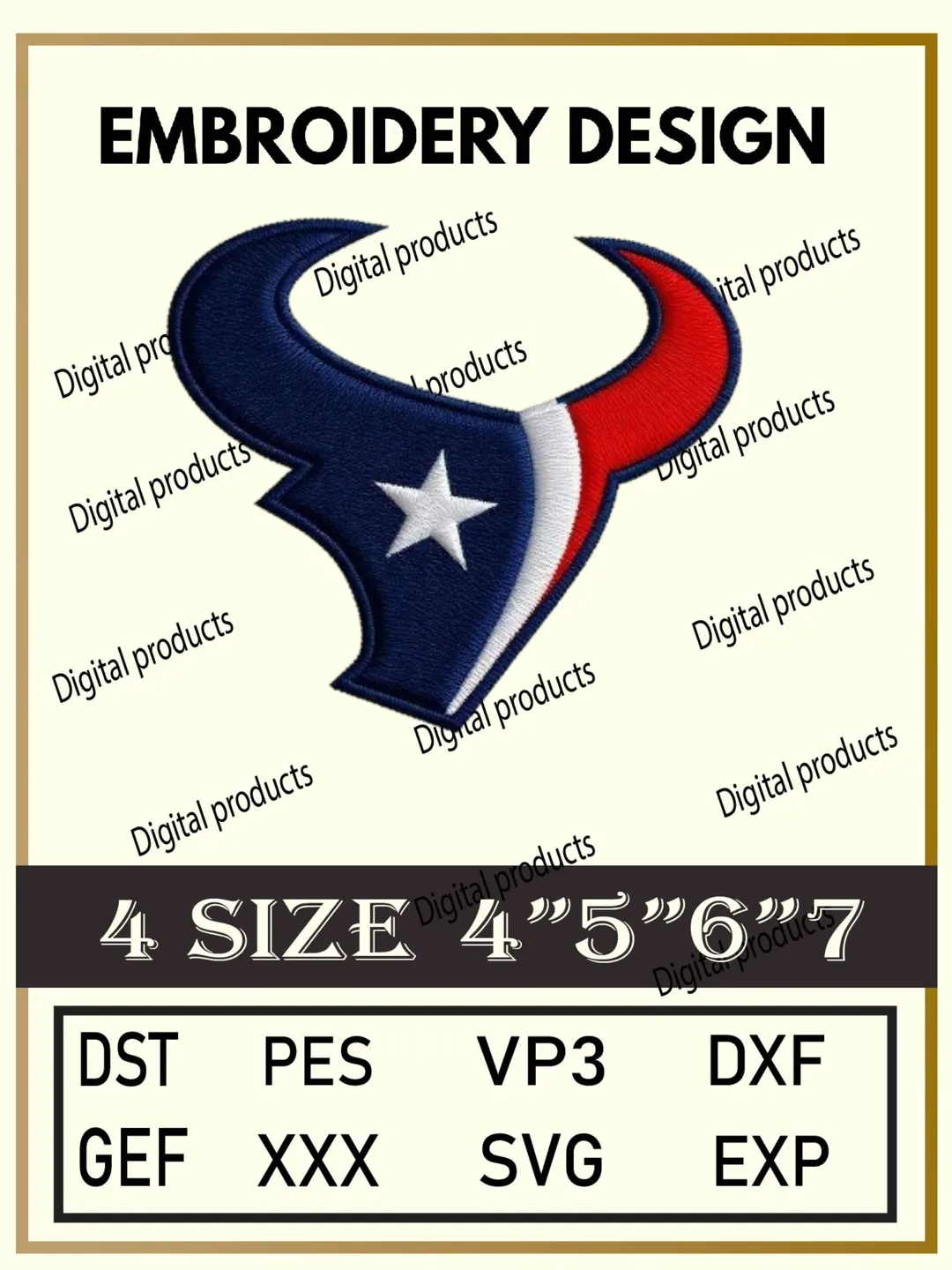 Houston Texans Embroidery Design Digital Logo Pattern with Stylized Bull Head and Texas Flag Colors for Machine Embroidery Projects in Four Sizes with Multiple Compatible Formats Including DST, PES, VP3, DXF, GEF, XXX, SVG, EXP Download