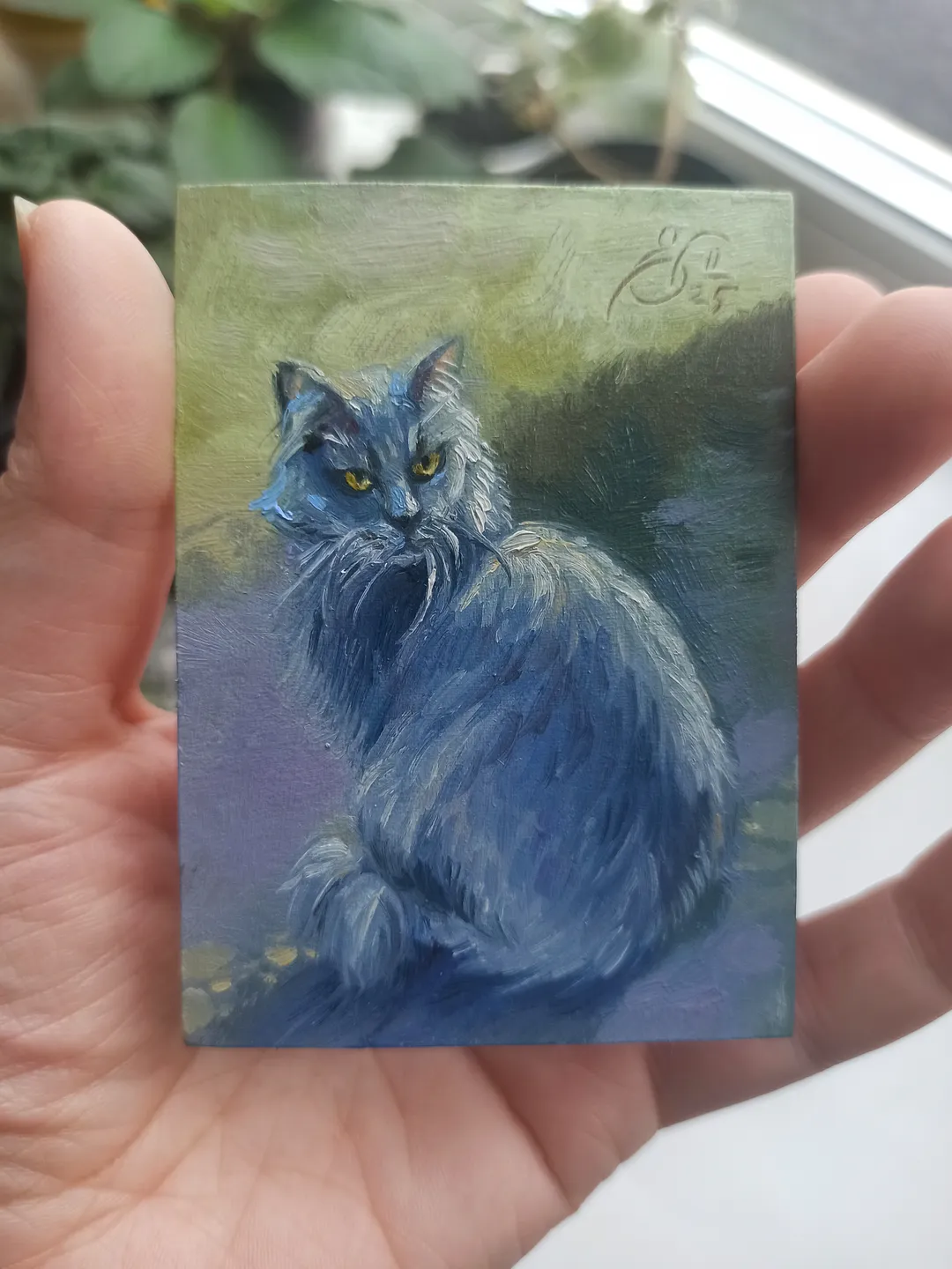 Original ACEO oil painting, Street smoky cat, Miniature collectible painting 2.5x3.5 inches