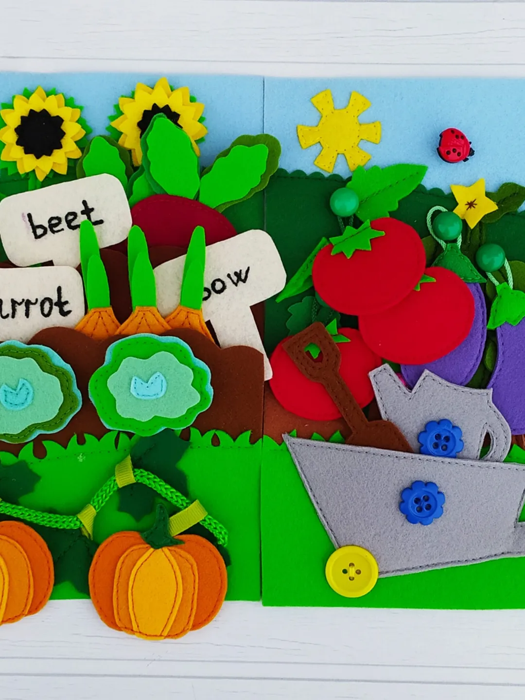 Garden Quiet book pattern, Felt book pattern, Felt vegetable pattern for kids, Soft montessori book sewing ideas for toddler