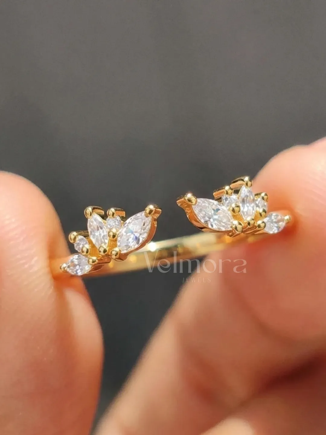 Floral Moissanite Open Ring, 14K Yellow Gold Leaf Wedding Band