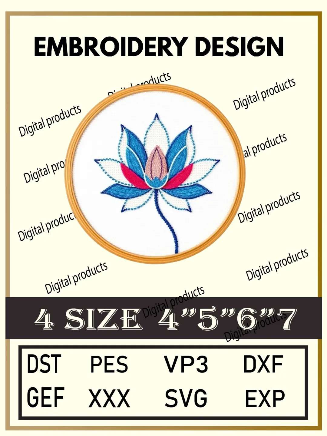 Lotus Flower Embroidery Design Digital Logo Pattern with Blue, Red, and Pink Petals for Machine Embroidery Projects in Four Sizes with Multiple Compatible Formats Including DST, PES, VP3, DXF, GEF, XXX, SVG, EXP Download