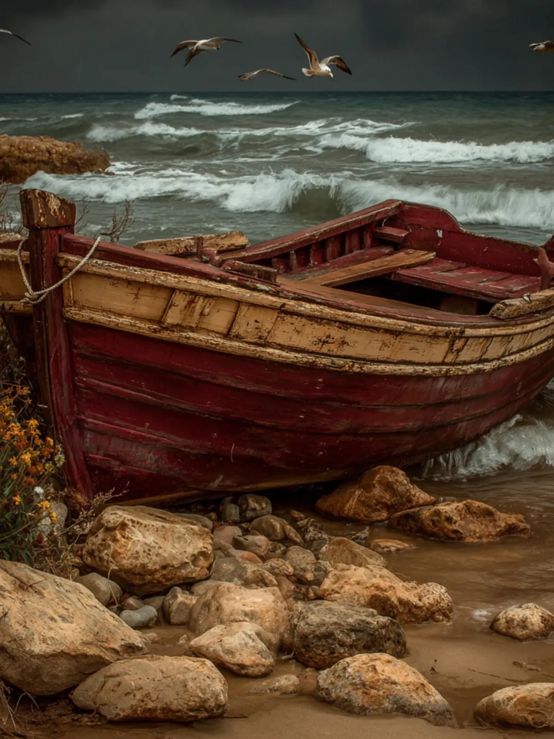 Rustic Ocean Red Boat Coastal Prints: Rustic Ocean Scene Nautical Art (Digital Images)