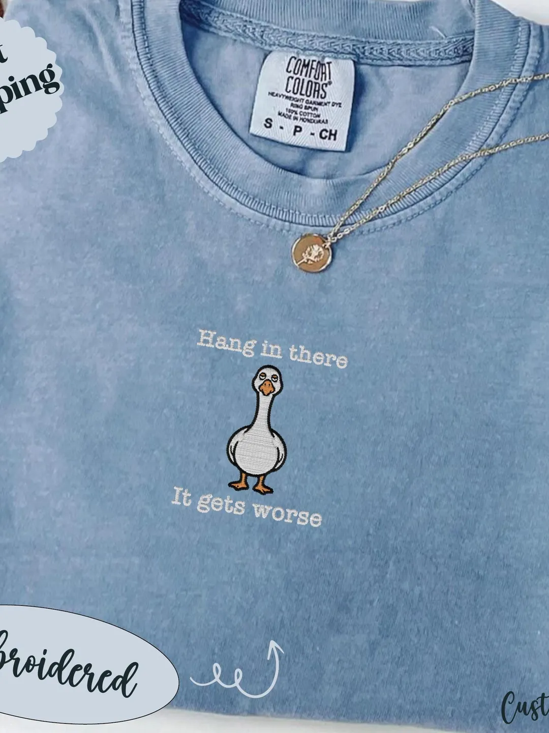 Embroidered Silly Goose Graphic Tee: Hang In There T-Shirt