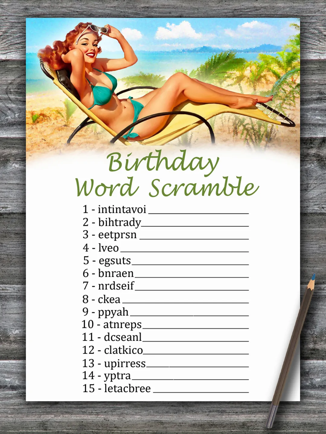 Pin up Birthday Word Scramble Game,Adult Birthday party game printable-fun games for her-Instant download