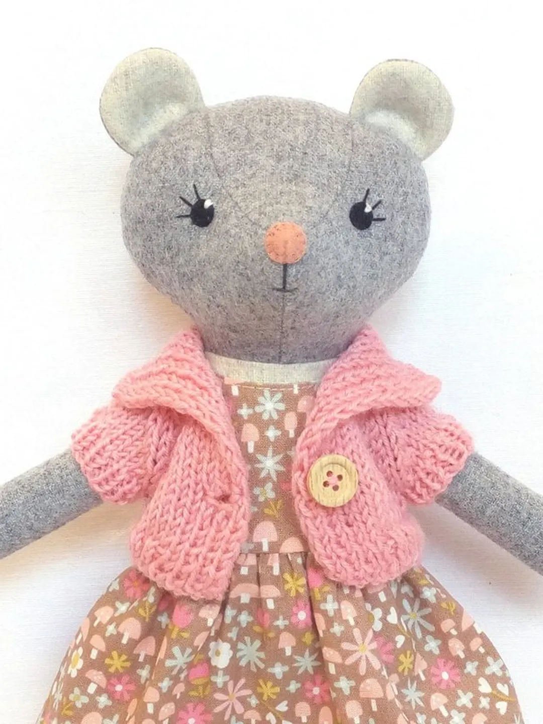 Gray mouse girl, handmade stuffed doll, wool plush rat toy, mouse soft toy