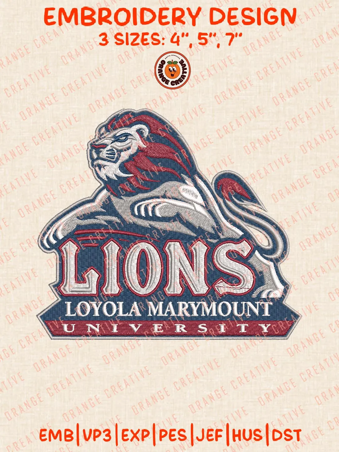 NCAA Loyola Marymount Uni.versity Lions Embroidery Design, NCAA Loyola Marymount Lions Logo Embroidery Design, Machine Embroidery Design File, 4 Sizes, Digital Download