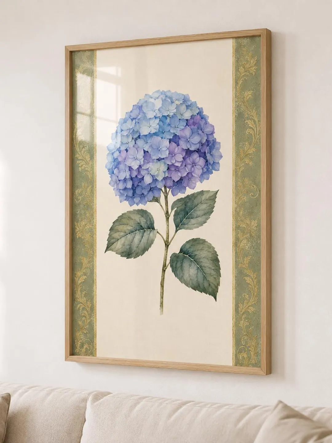 Hydrangea Wall Art - Blue Purple Botanical Print, Vintage Damask Border Floral Decor for Bedroom or Living Room