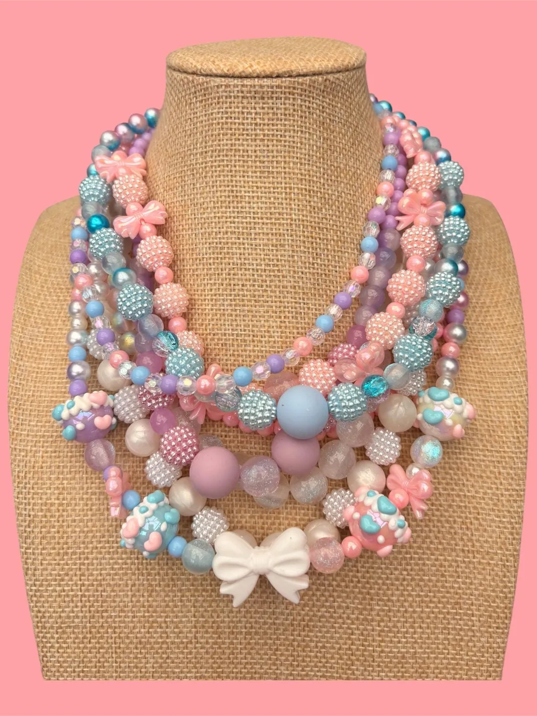 Pastel kawaii bow beaded multi layer necklace