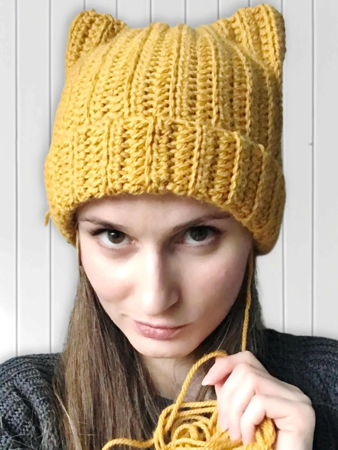 Cat Ear Beanie Warm Alpaca Wool Knit Hat Yellow Crochet Soft Beanie Cute Cozy Winter Hat Funny Animal Ears Ribbed Hat Unisex Cat Lover Gift