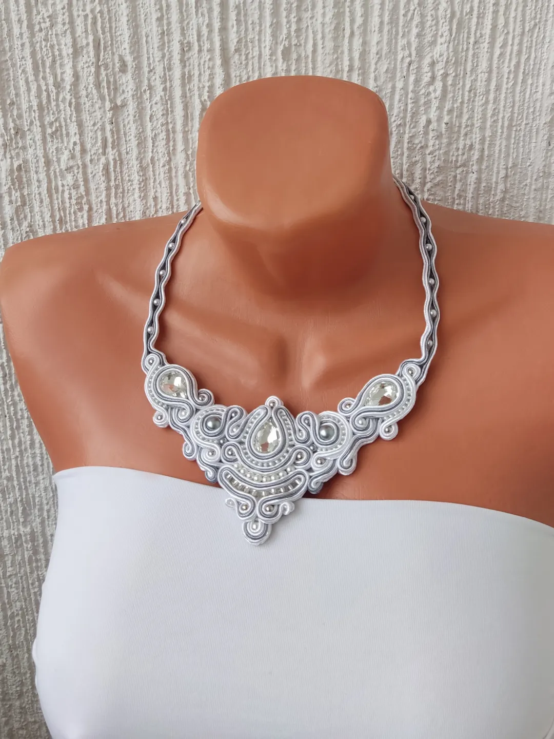 Bridal necklace, White necklace, Wedding jewelry, Bead Embroidered Soutache necklace Rhinestone beaded necklace