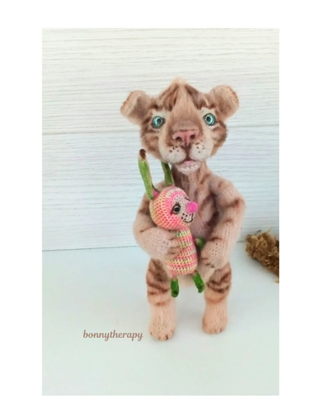 Cute crochet toy tiger cub, stuffed animal with wire frame