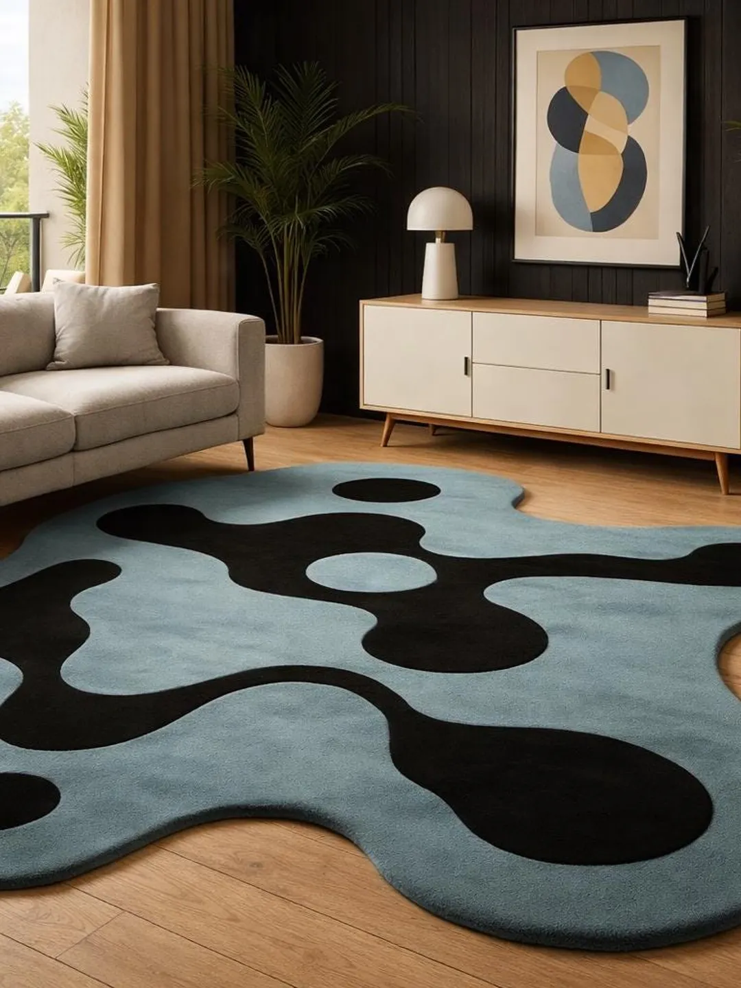 Hand-Tufted Abstract Organic Shape Rug – Blue Black Modern Carpet