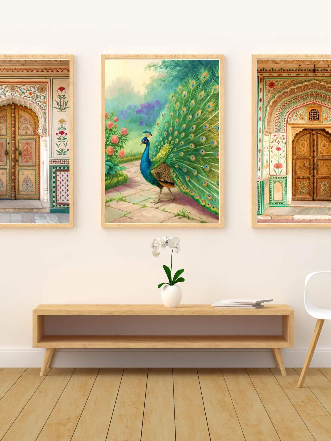 Vintage Peacock Print, Indian Folk Art, Palace Garden decor