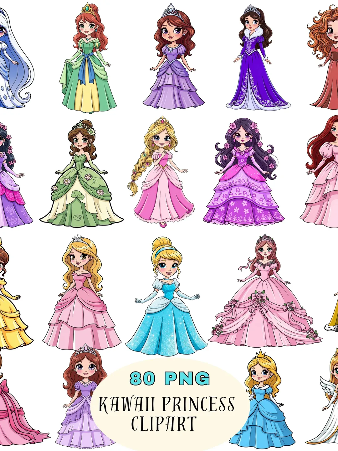 Kawaii Princess Clipart Pack 80 Adorable Princesses Fairy Tale Chibi PNG  Bundle