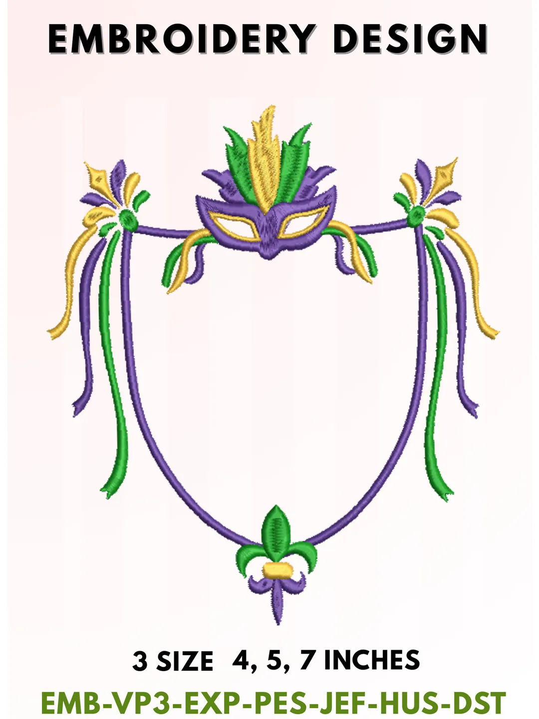 Mardi Gras Monogram Frame Embroidery, Masquerade Mask & Fleur De Lis Design, Festive Ribbon Border Typography, Purple Gold Green Carnival Aesthetic, 3 Sizes