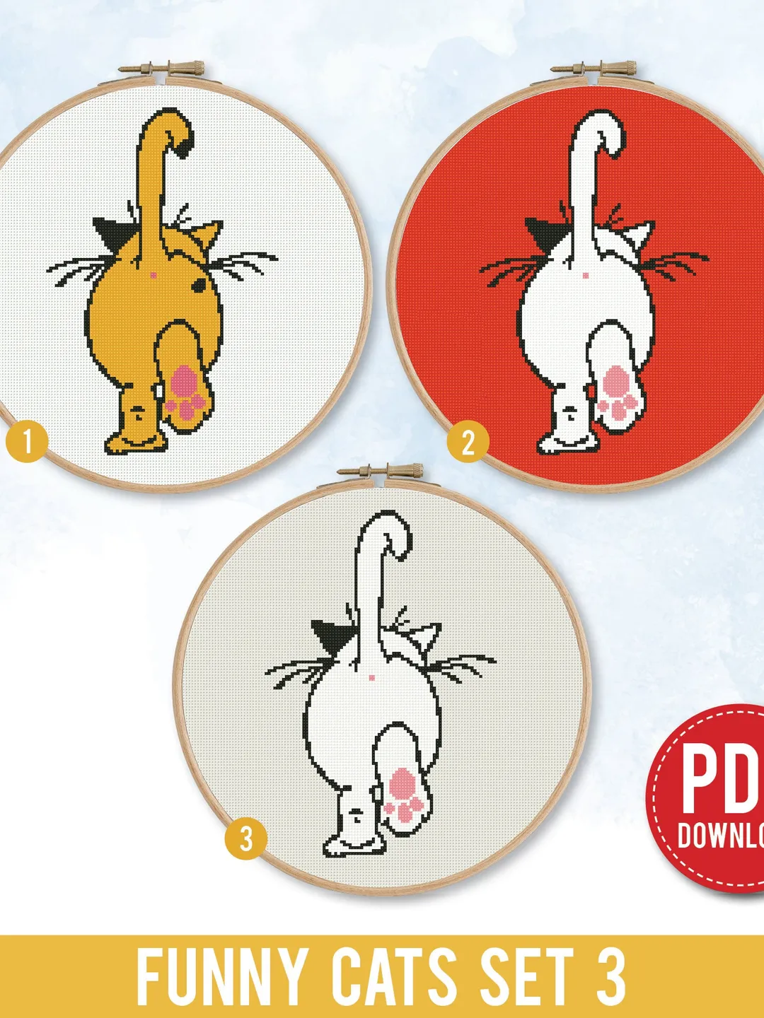 Funny Cat stitch pattern,Bundle of 3 ornament Kitten decor Holiday cross stitch pattern, counted, chart, gift DIY, embroidery, instant PDF