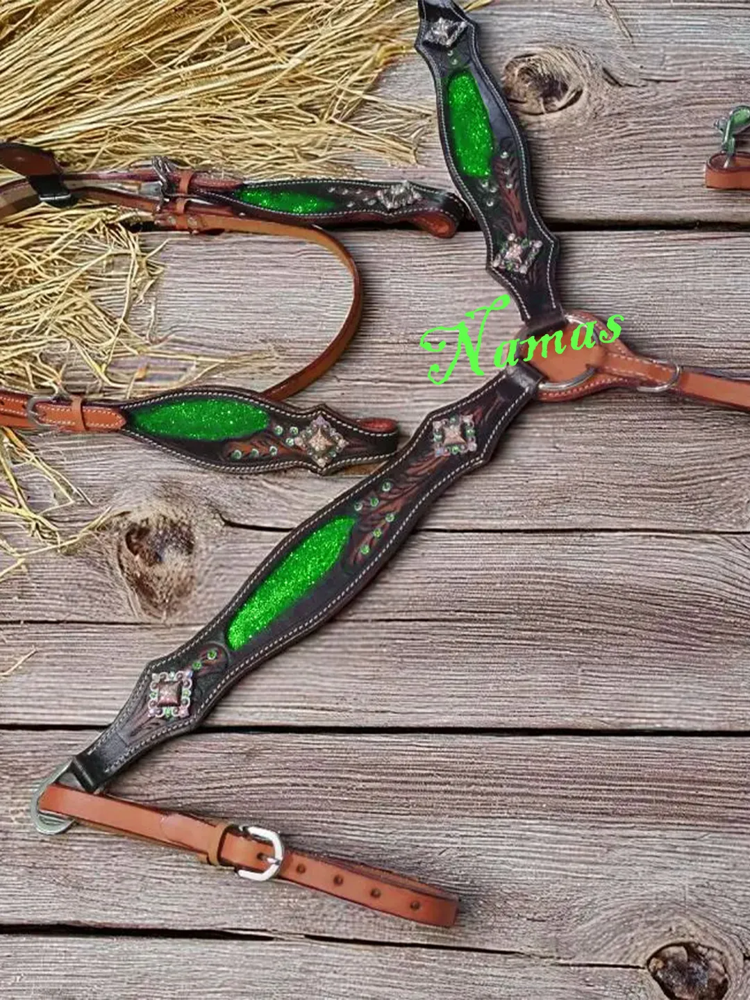 Western Saddle Horse Bling! Green Leather Tack Set Bridle+Breast