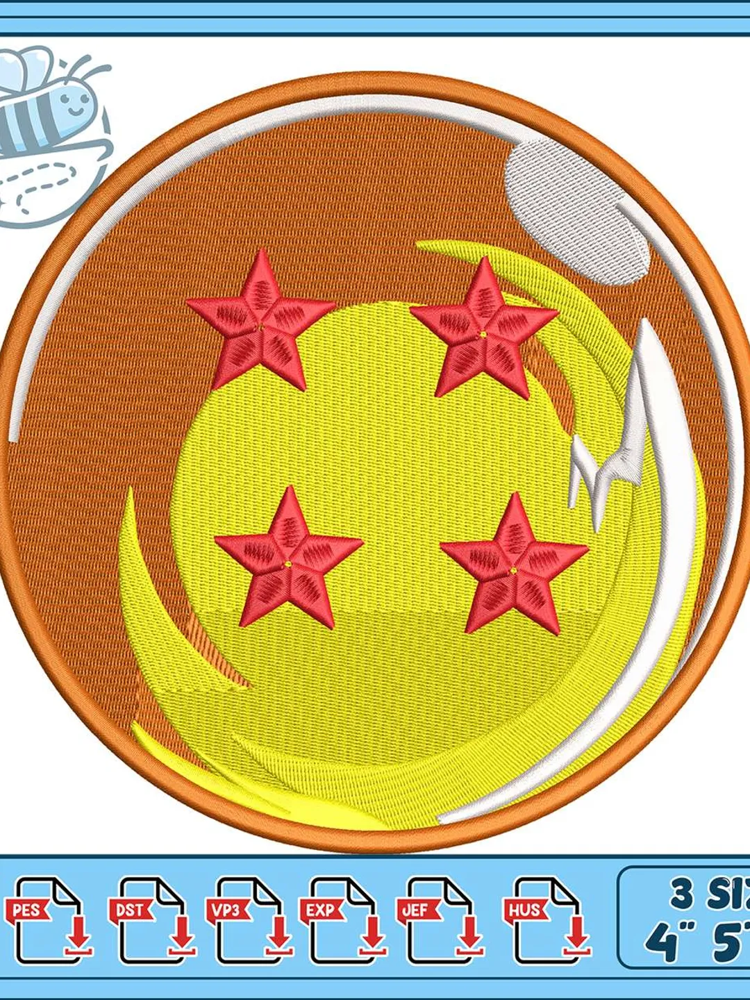 Four Star Dragon Ball Embroidery Design, Anime Circle Patch Machine Embroidery File, Orange Gold Red Stars Digital Download