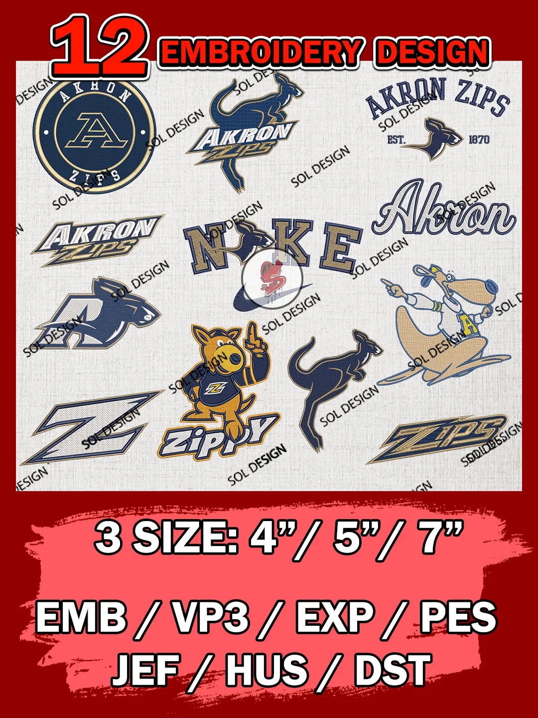 12 NCAA Akron Zips Bundle Embroidery Files, NCAA Akron Zips Team Bundle Embroidery Designs, NCAA Teams, National College Football Team 3 sizes, NCAA Akron Machine Embroidery, Digital Download