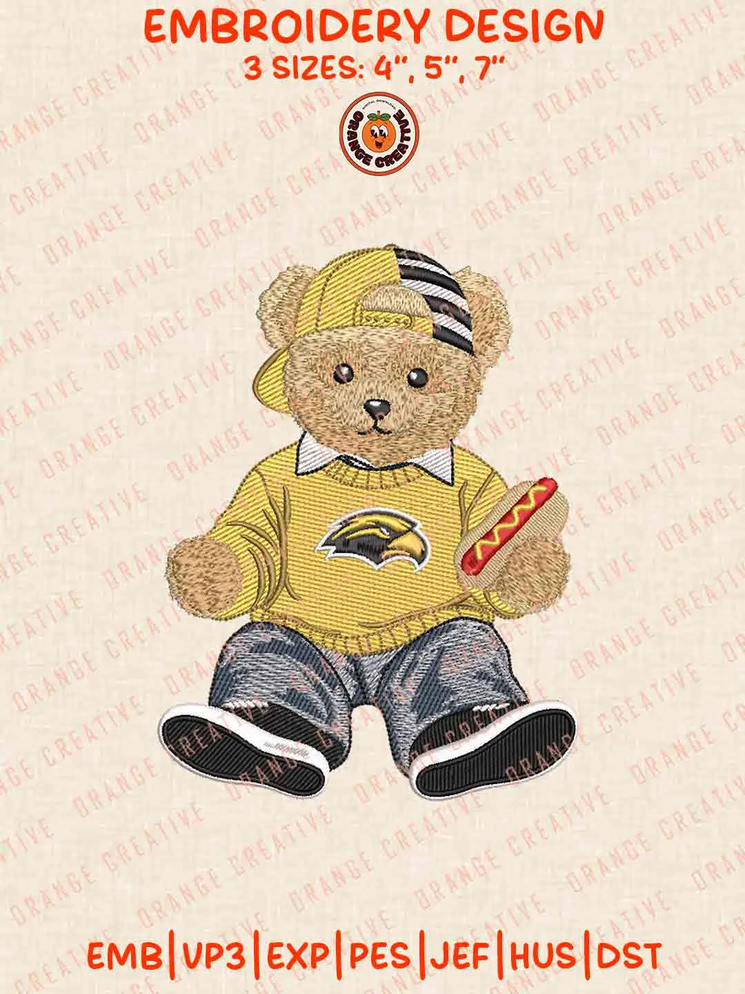 Southern Miss Golden Eagle Teddy Bear Embroidery Design Files, Football Embroidery Designs, Sport Machine Embroidery Files, 3 Sizes, Custom Sizes, Instant Download