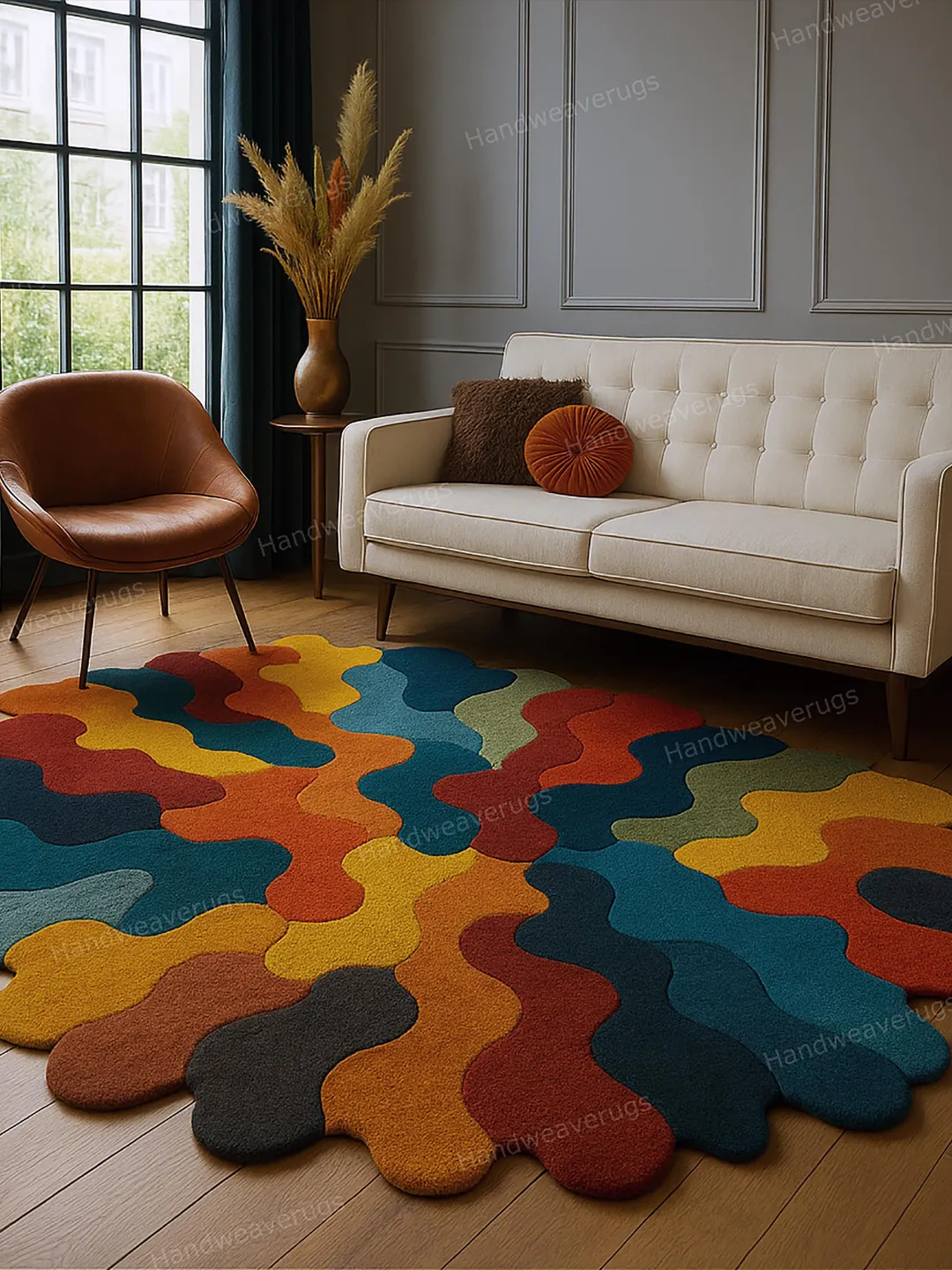Wavy Long Rug Handmade Wool Area Rug: Modern Abstract Wavy Carpet