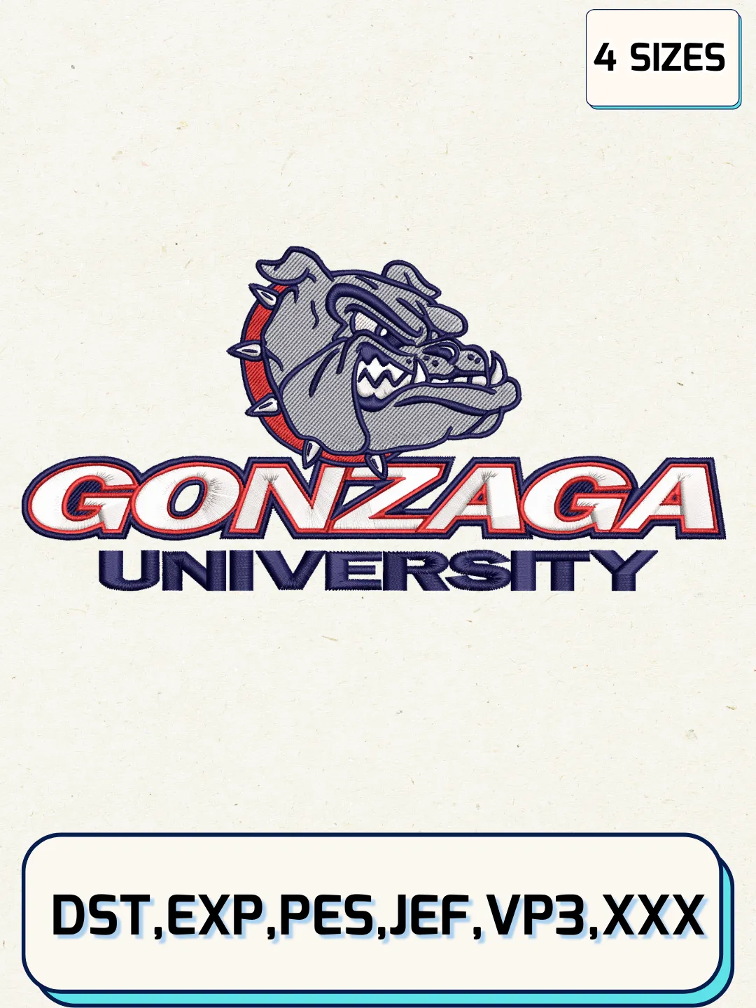 Gonzaga Bulldogs Logos Embroidery Design Files, NCAA Logos Embroidery Designs, Machine Embroidery Files, 4 Sizes