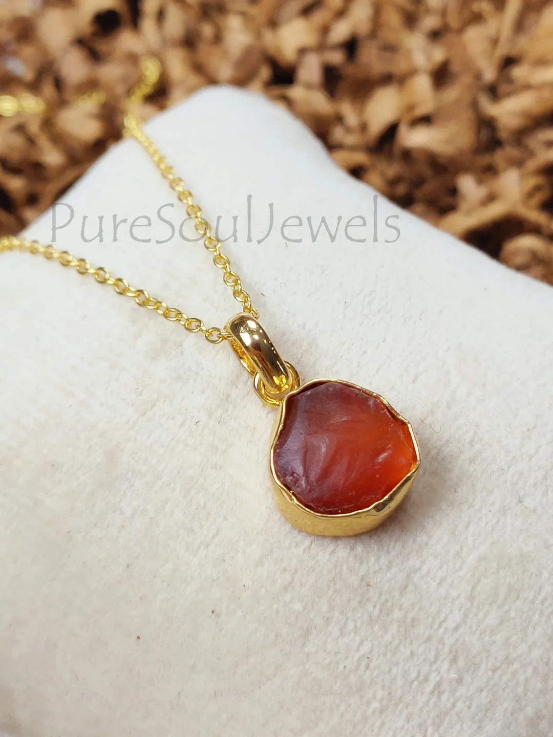 Raw Carnelian Crystal Pendant, Gold Plated Healing Necklace, Natural Carnelian Gemstone Jewelry Gift