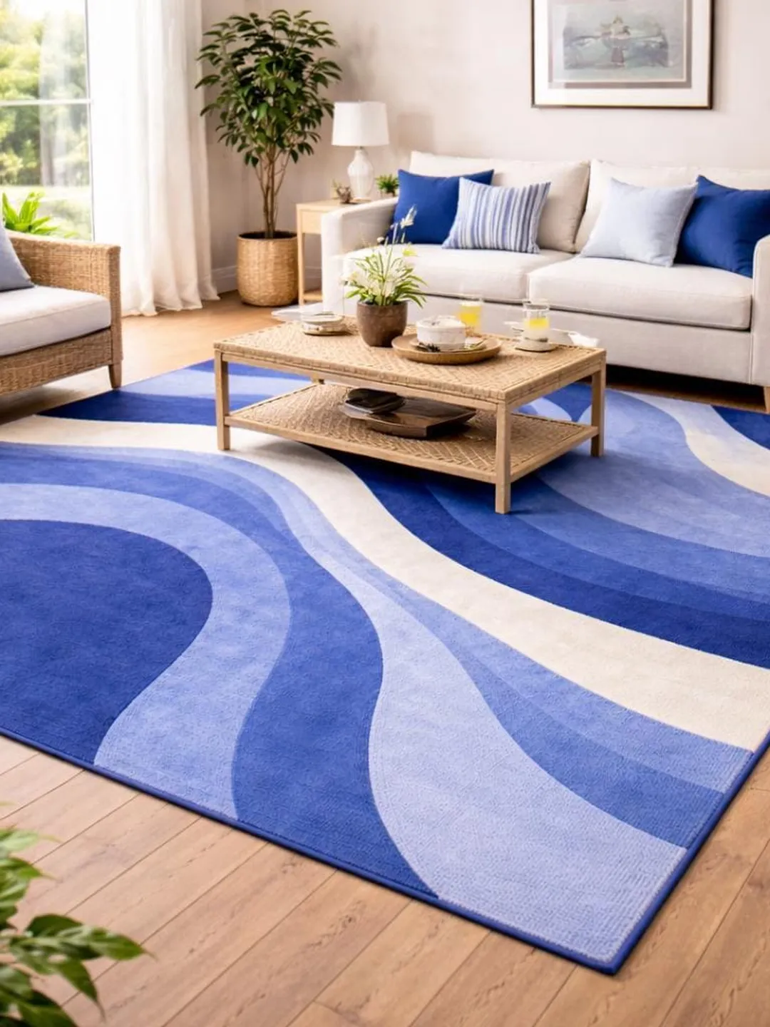 Abstract Blue Wave Area Rug, Modern Wavy Living Room Carpet, Minimalist ...