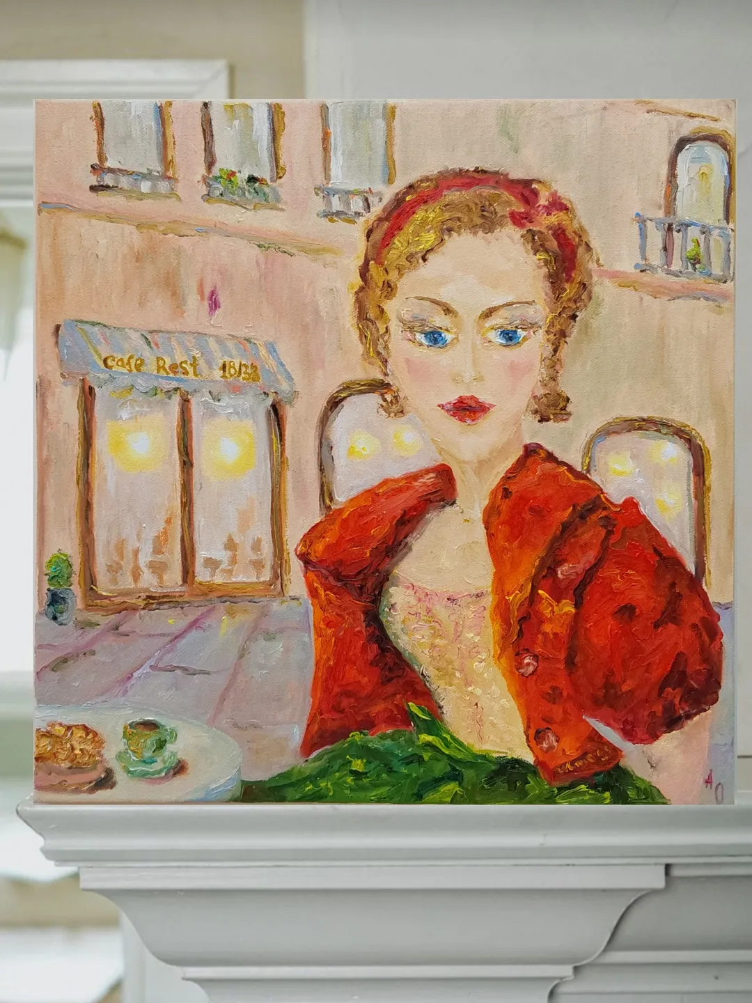 "Street cafe. Woman in red" oil painting on canvas 50x50cm (20x20 inch)