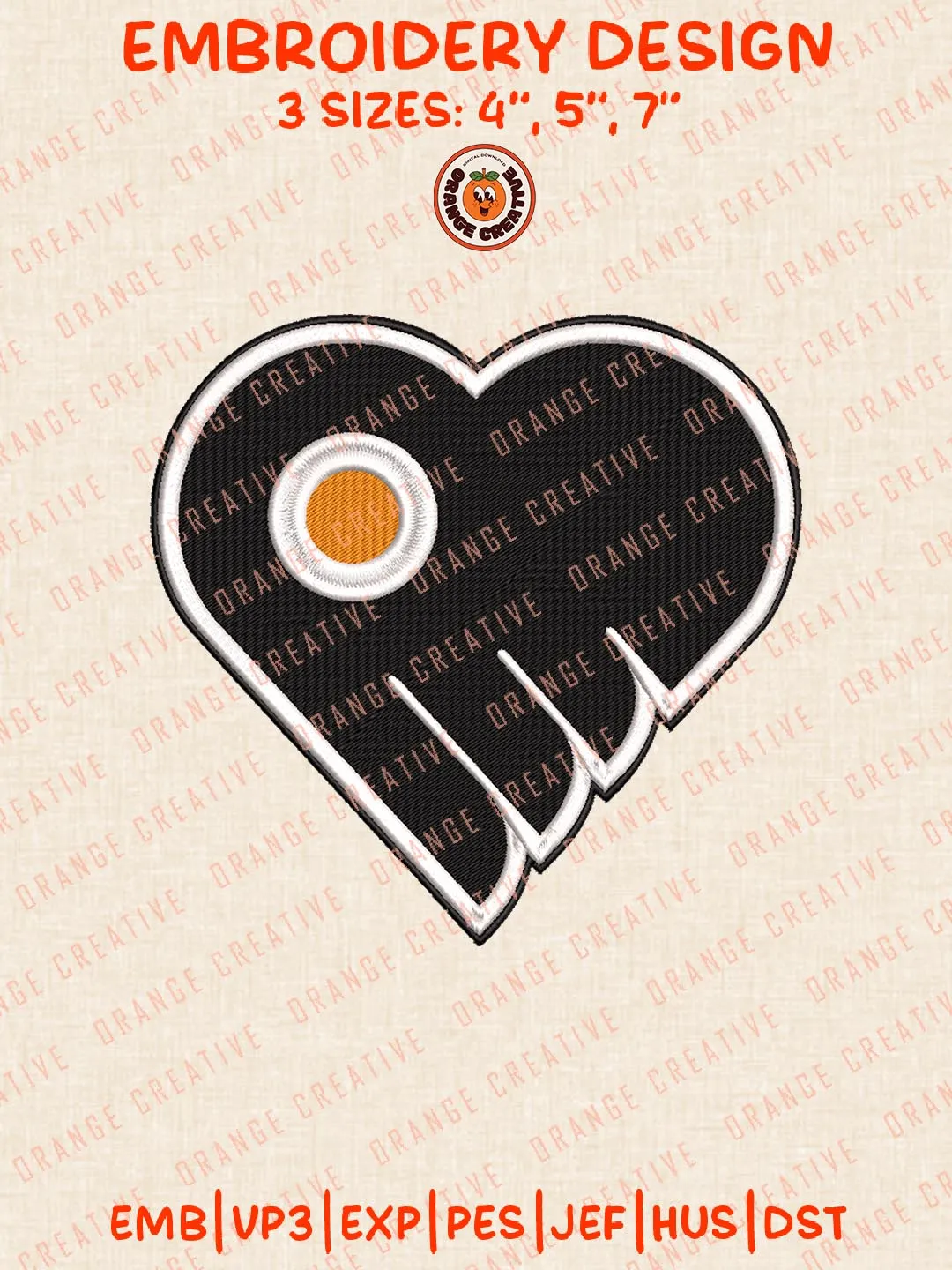 Philadelphia Flyers Heart Logos Embroidery Designs, NHL Team Logo Embroidery Files, Machine Embroidery Design File, 4 Sizes, Custom Size, Digital Download
