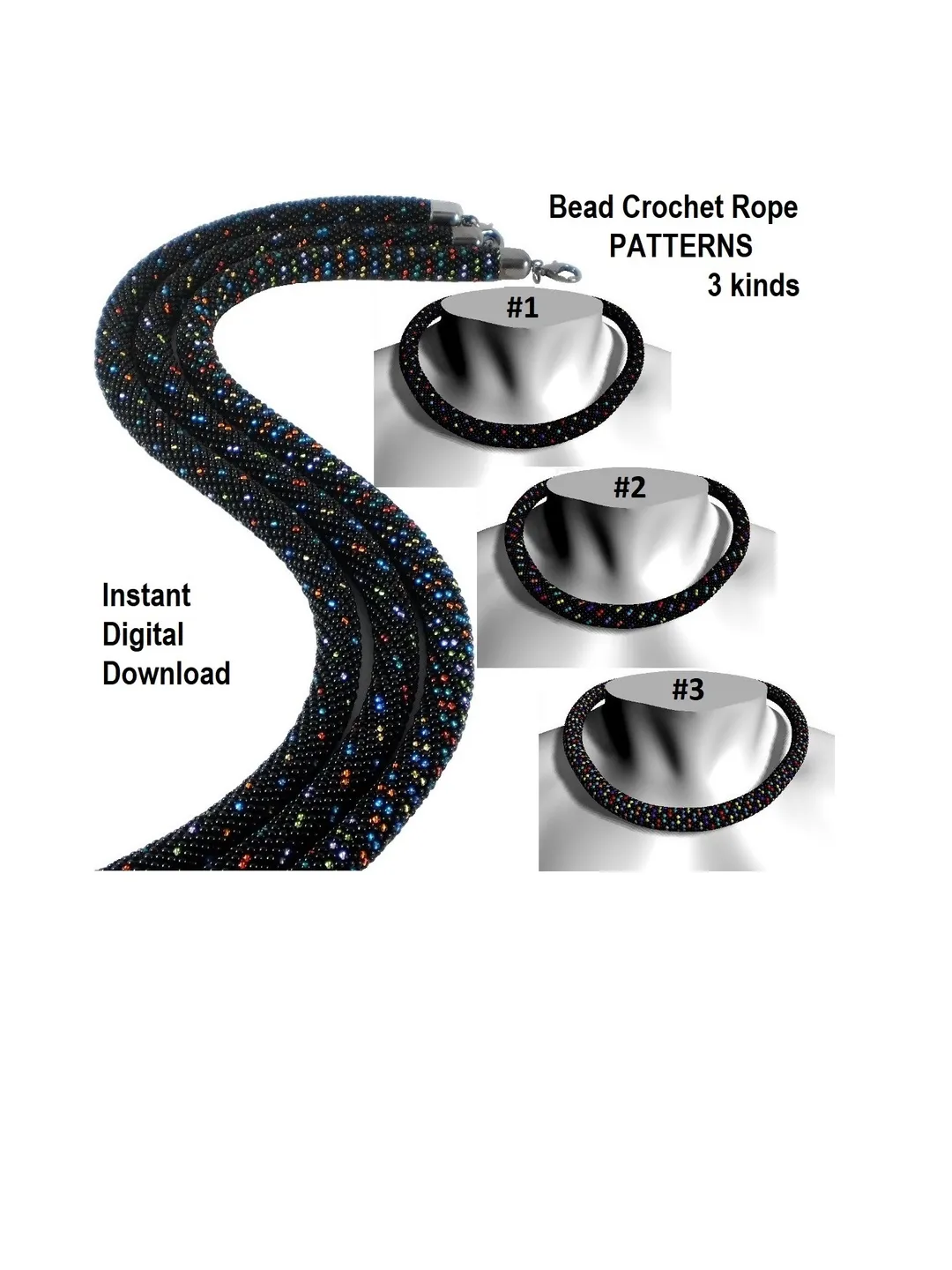 Bead Crochet Necklace Bracelet patterns 3 types, Rope bead crochet, Instant Download, PDF patterns