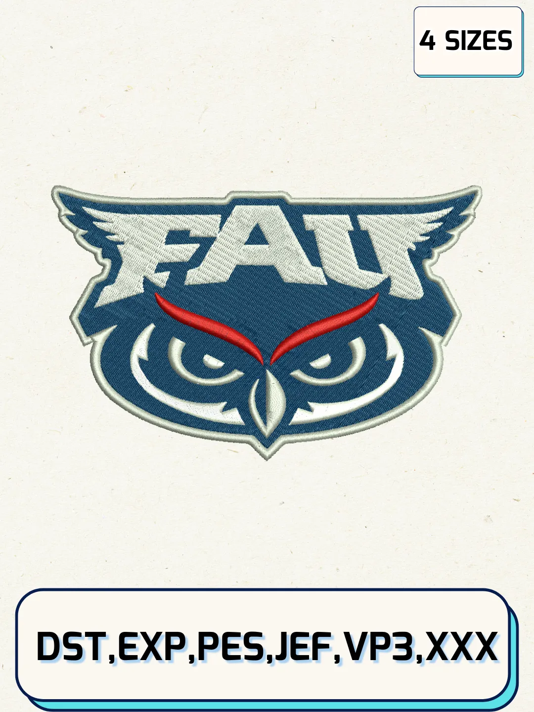 Florida Atlantic Owls Logos Embroidery Design Files, NCAA Logos Embroidery Designs, Machine Embroidery Files, 4 Sizes