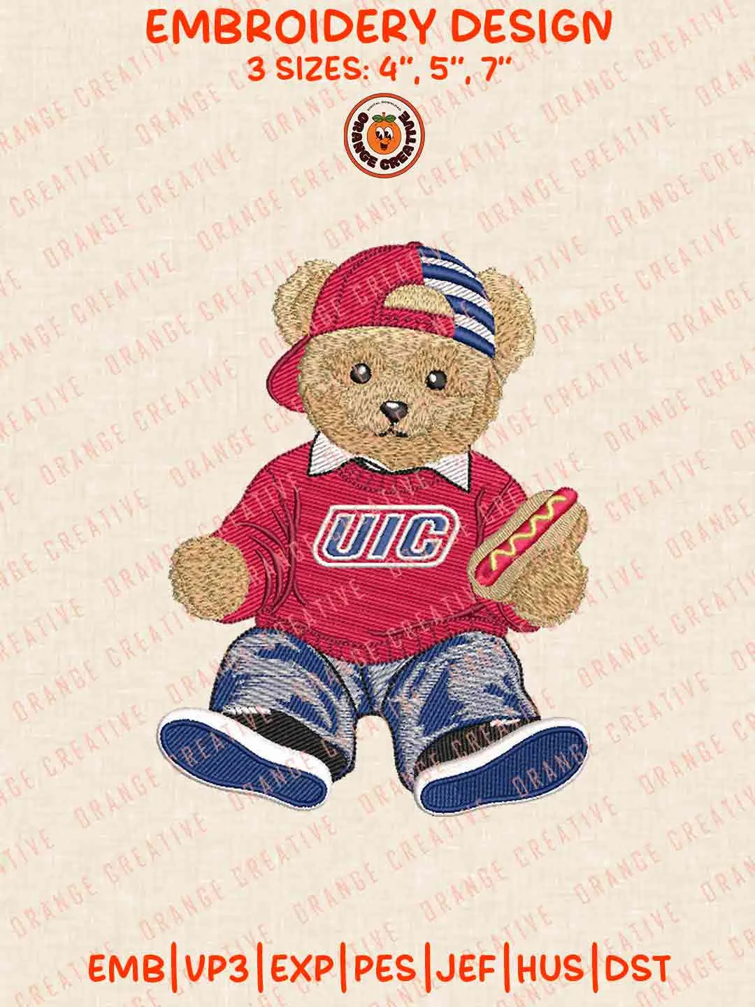 NCAA UIC Flames Teddy Bear Embroidery Design Files, NCAA UIC Flames Team Logos Embroidery Designs, NCAA Machine Embroidery Files, 3 Sizes, Custom Sizes, Instant Download