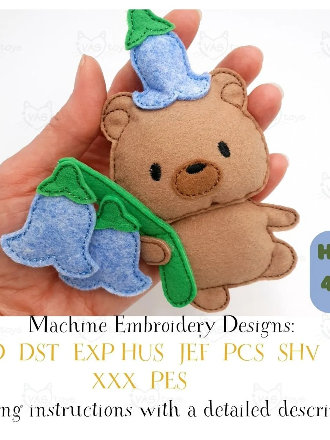 ITH Cute Bear with Flower Embroidery Design, Felt Stuffed Animal Teddy Toy Pattern, 4x4 Hoop Digital File