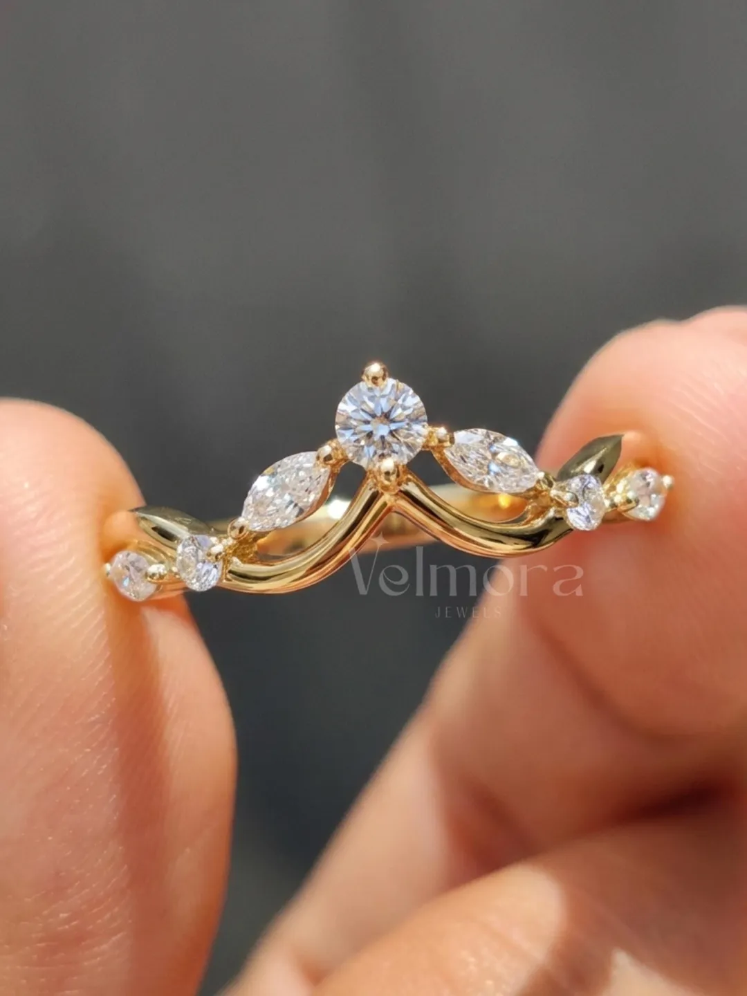 Chevron Moissanite Wedding Band, Curved Bridal Stacking Ring, Dainty V Shape Anniversary Gift