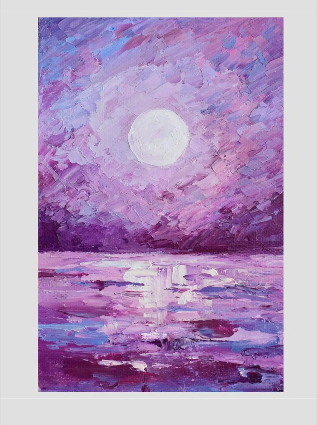 Seascape original painting Ocean wall art Full moon night oil painting Moonlit Night artwork Purple home decor