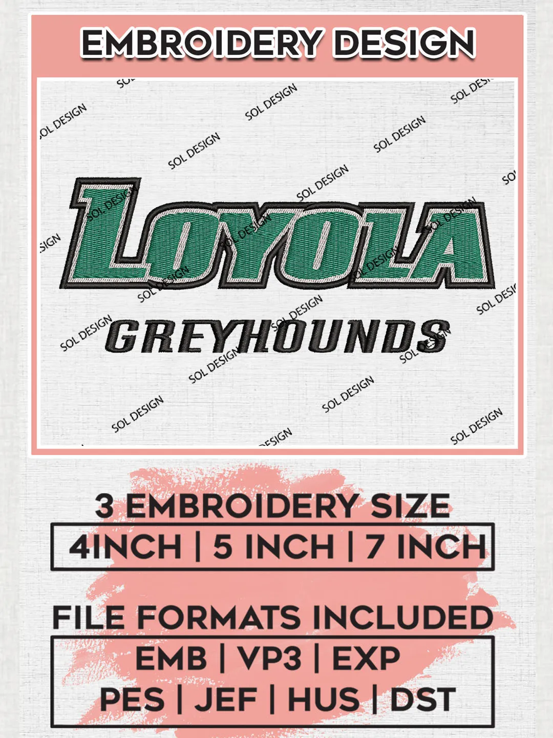 NCAA Loyola Greyhounds College Team Word Logo Embroidery Design Files, NCAA Loyola Maryland Greyhounds Machine Embroidery, NCAA Teams, 3 sizes, NCAA Machine embroidery designs, Digital Download