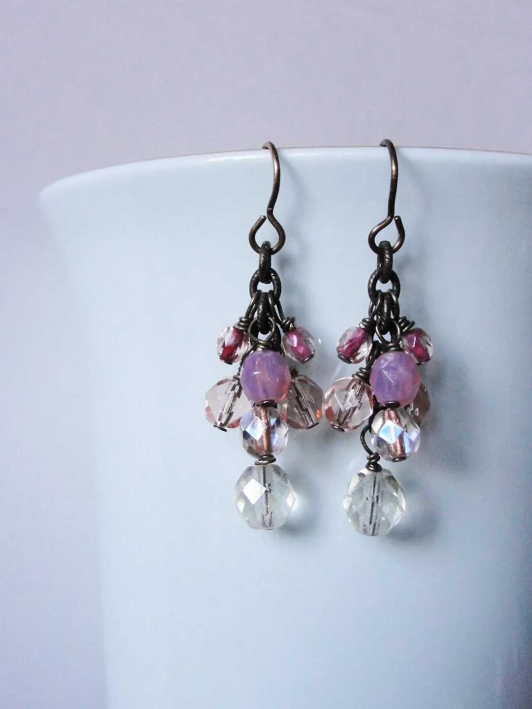 Solid and natural brass Boho Shabby chic with Czech glass beads earrings with chain.