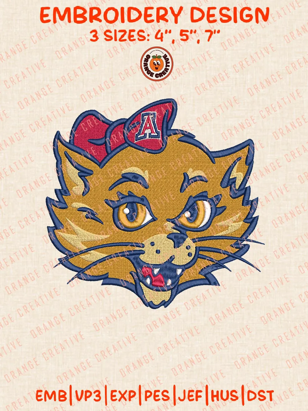 Arizona Wildcats Head Mascot Embroidery Design, NCAA Team Logo Embroidery Design, Machine Embroidery Design File, 4 Sizes, Custom Size, Digital Download