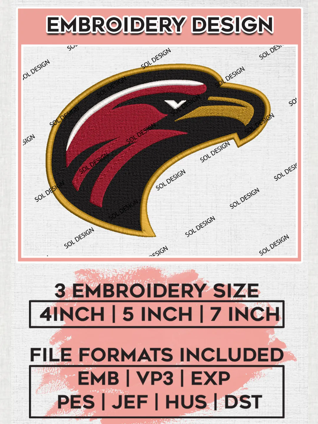 NCAA UL Monroe Warhawks Mascot Logo Embroidery Designs, NCAA Logo Machine Embroidery Files, NCAA UL Monroe Warhawks Logo, NCAA Embroidery Designs, Machine Embroidery Designs, Digital Download