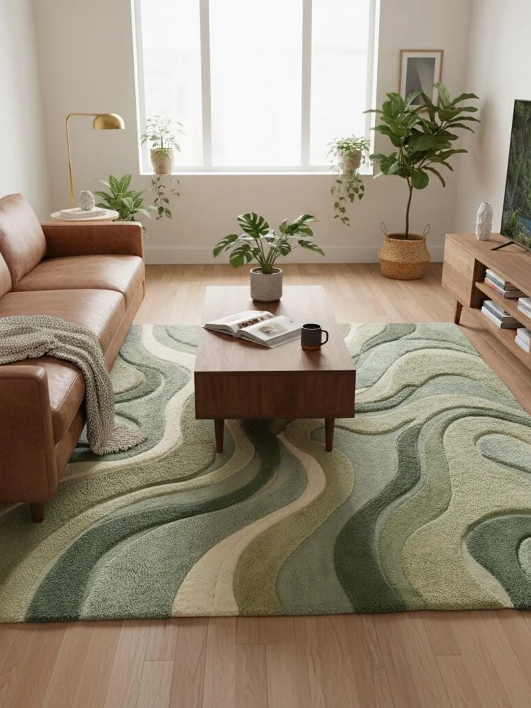 Moss Green Rug, Abstract Wave Hand Tufted Area Rug, Modern Organic Sage ...
