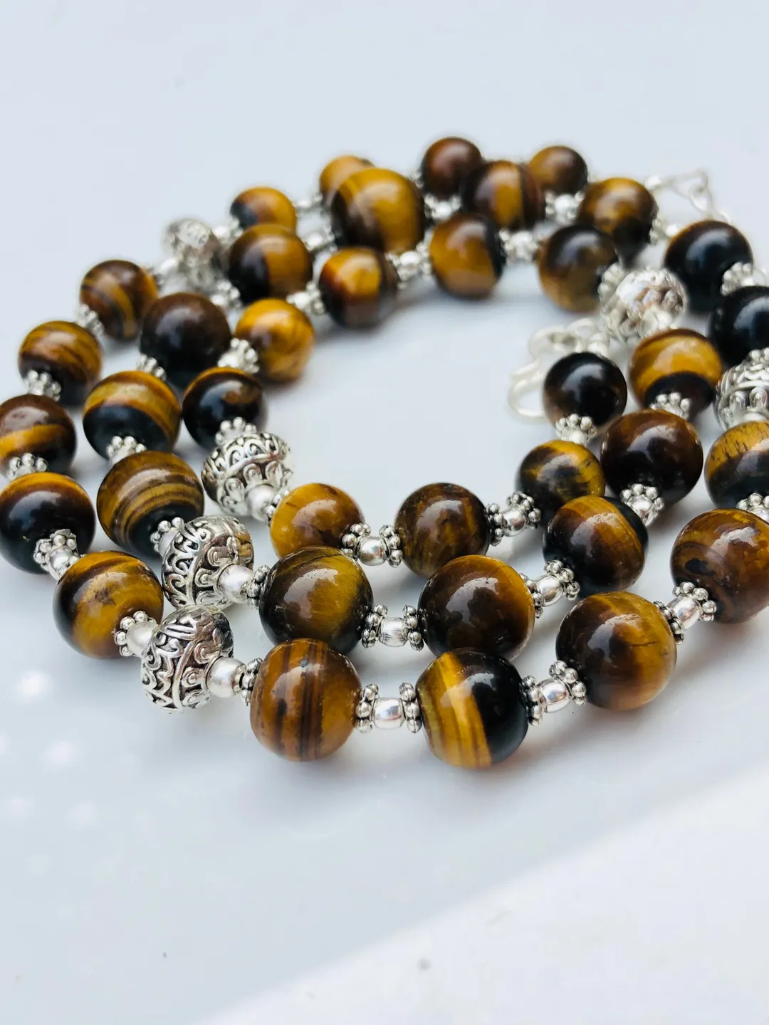 Tiger Eye Beaded Necklace, Silver Plated, 24 Inch