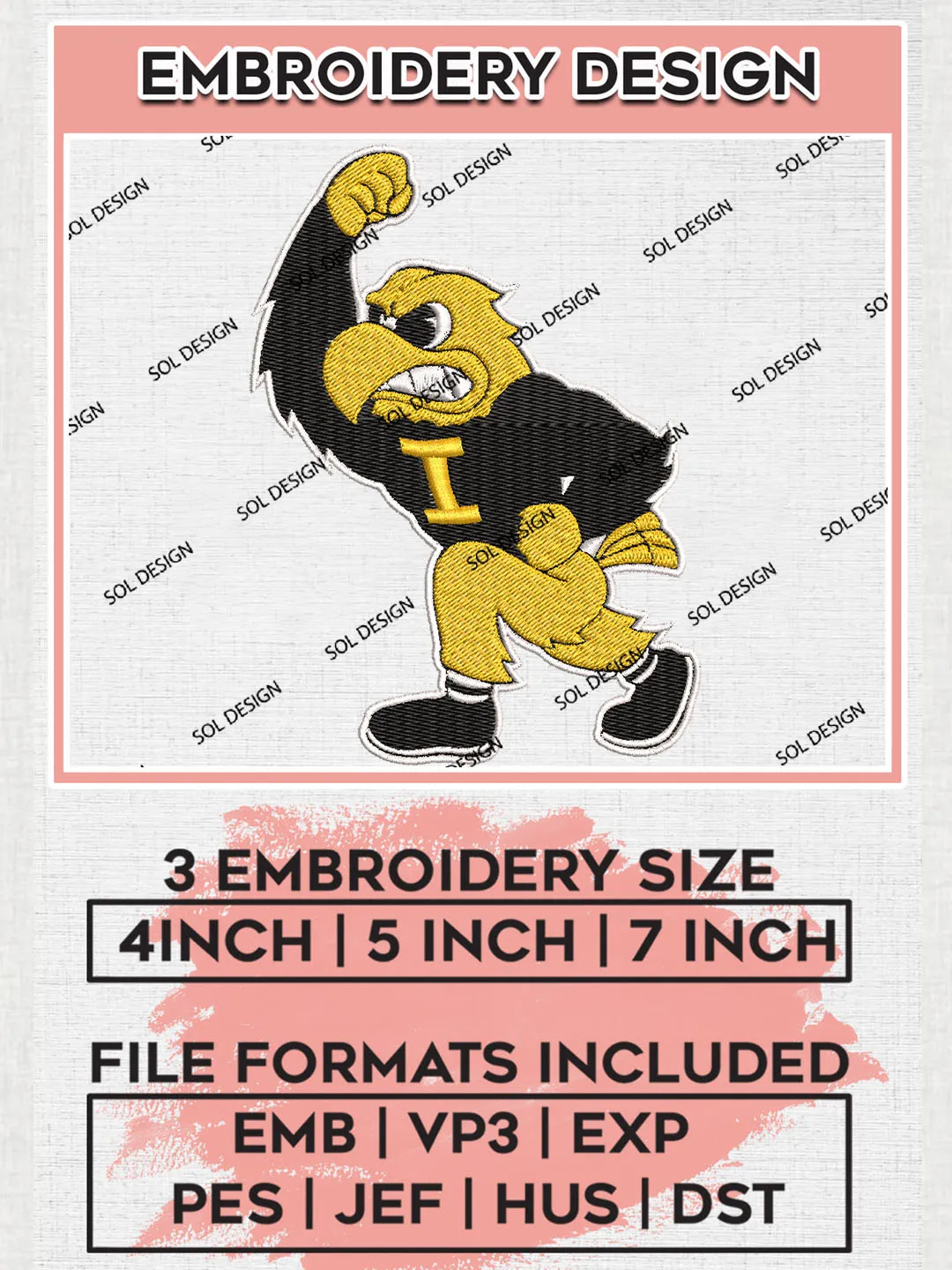 Funny Mascot Iowa Hawkeyes College Team Logo Embroidery Design Files, NCAA Iowa Hawkeyes Machine Embroidery, NCAA Teams, 3 sizes, NCAA Machine embroidery designs, Digital Download