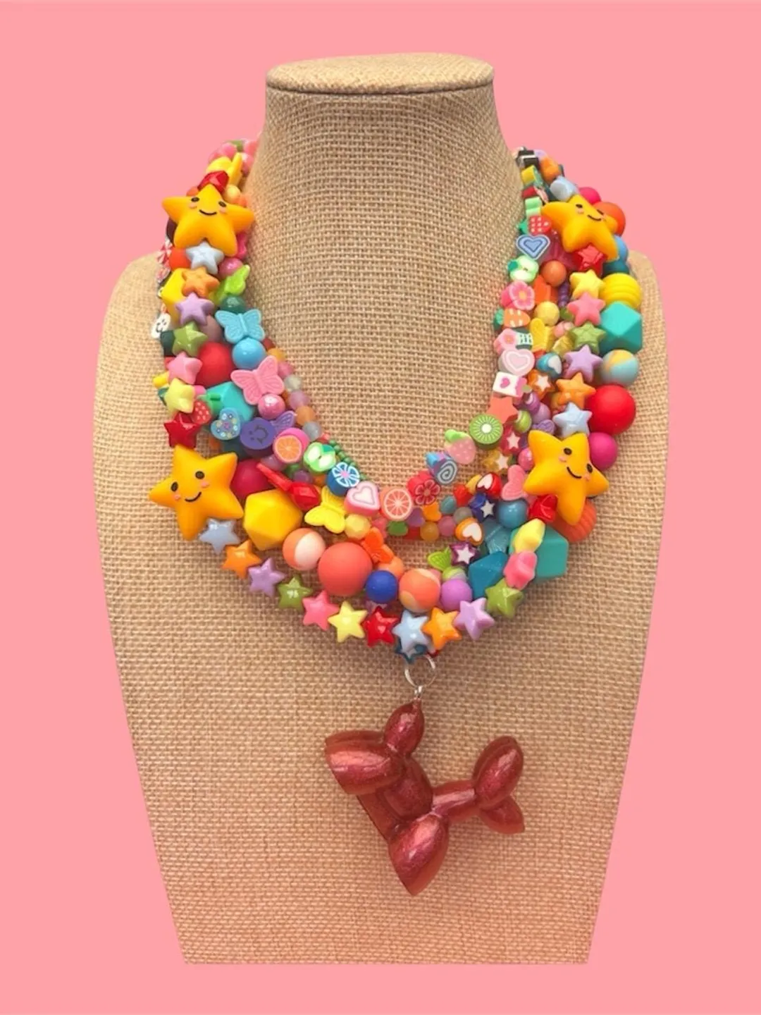 Rainbow maximalist dopamine multi layer beaded charm necklace