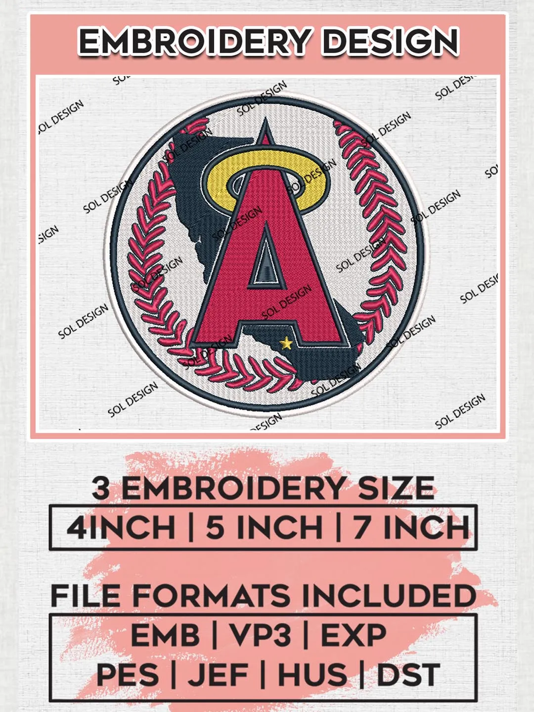 MLB Los Angeles Angels Logo Embroidery Files, MLB Los Angeles Angels Team Embroidery, MLB Teams, 3 sizes, MLB Machine embroidery designs, Digital Download