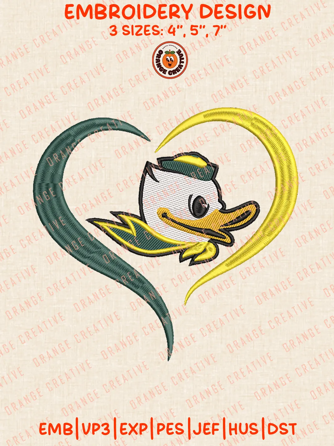 Oregon Duck Heart Embroidery Design Files, Football Embroidery Designs, Sport Machine Embroidery Files, 3 Sizes, Custom Sizes, Instant Download