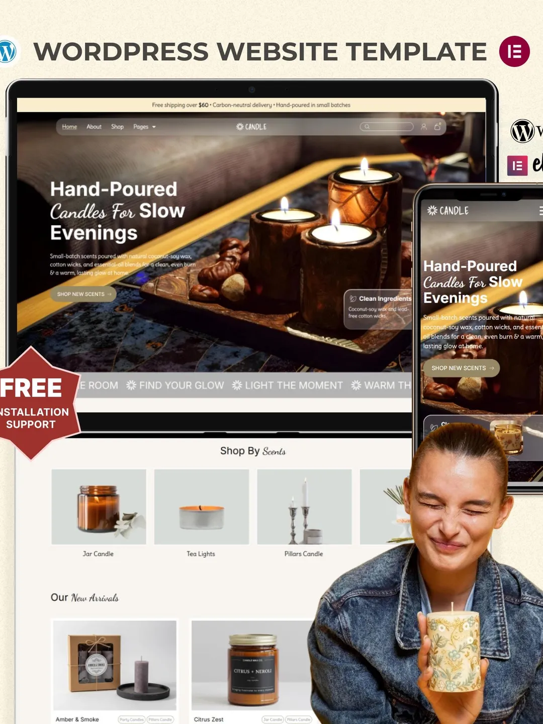 Candle Shop WordPress Elementor Template Kit | Candle Store & Home Fragrance WooCommerce Website Design