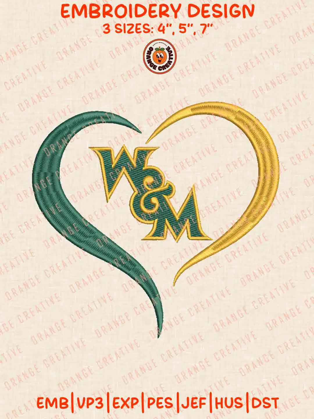 William Mary Tribe Heart Embroidery Design Files, Football Embroidery Designs, Sport Machine Embroidery Files, 3 Sizes, Custom Sizes, Instant Download